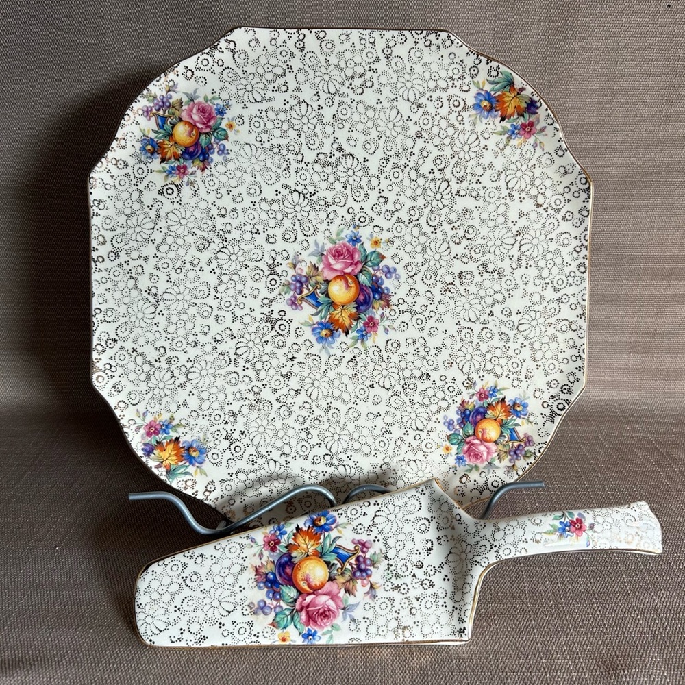 Vintage H&K Tunstall Gold Gilded Chintz Dessert Plate & Lifter - Floral England